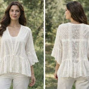 JOHNNY WAS Cathay Ruffle Kimono Cardigan Womens XL Cream Cupro Tie Boho Coquette